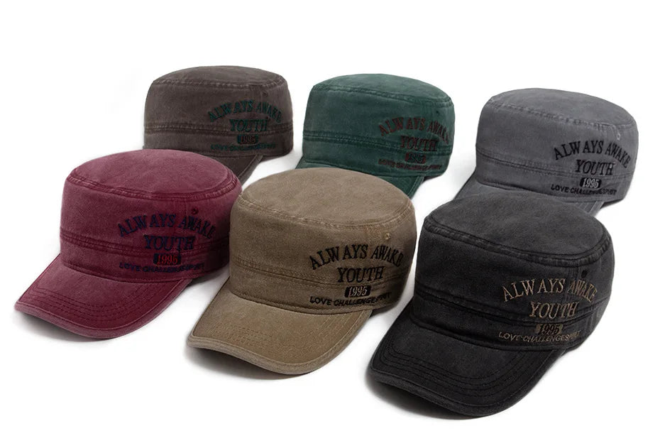 Washed Embroidered Letter Military Cap Vintage American Style Men's Flat Top Hat Sunshade Outdoor Casual Hat for Women Summer