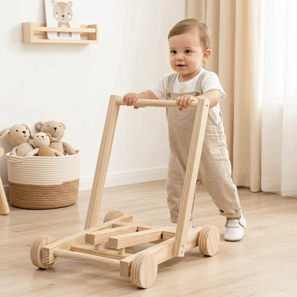 Adjustable Speed Height No-Knot Wood Baby Walker Wheeled Push-Pull Non-Toxic Toddler Walking Aid Safe Sturdy Durable