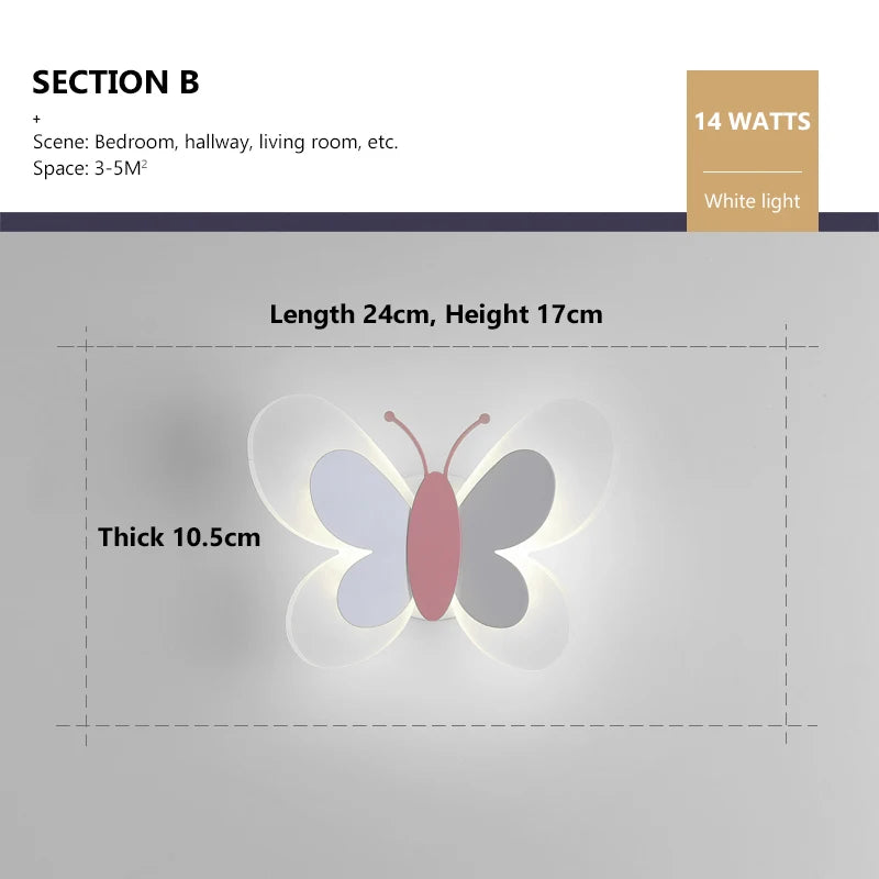 Butterfly LED Wall Light For Children's Bedroom Bedside Lamp Sconce Model BFL001