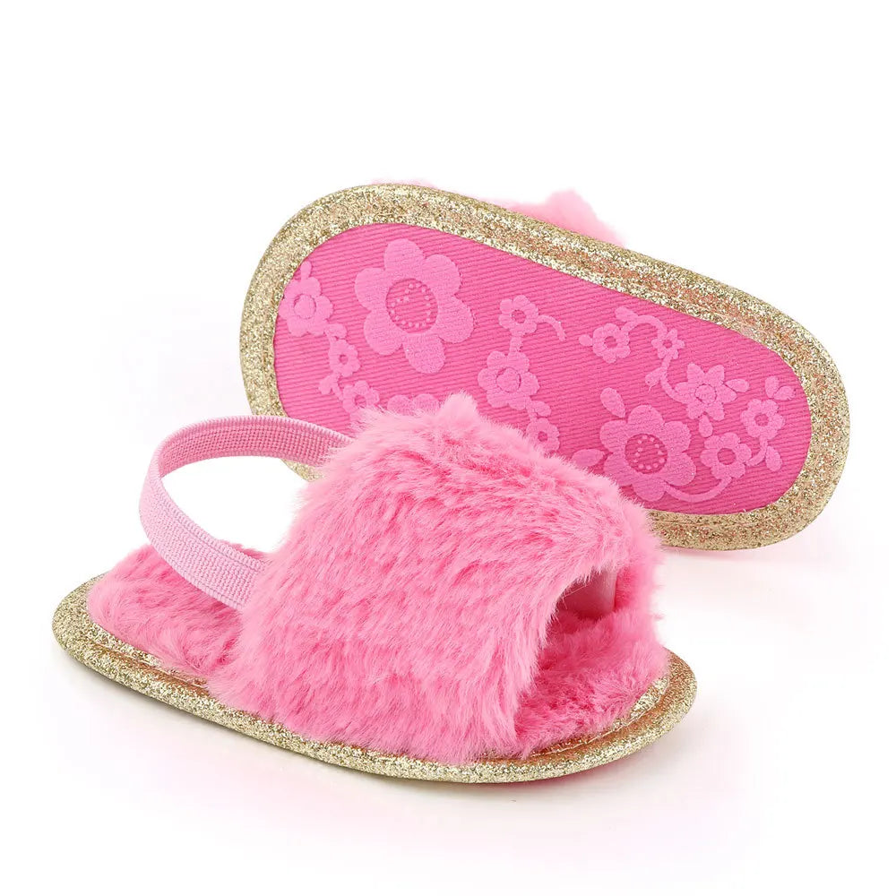 Spring Winter Fashion Multicolor Faux Fur Baby Girl Slipper Non-slip Newborn Cute Infant Toddler Crib Dress Shoes First Walkers