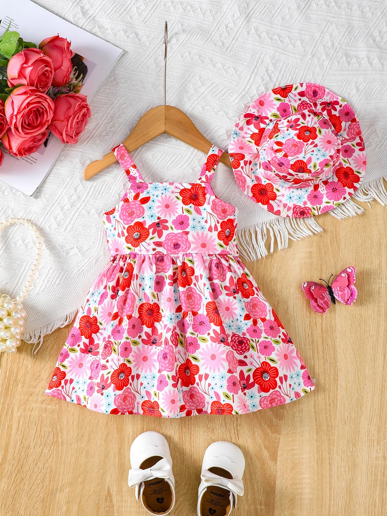 Baby Girl Summer Dress Strap Beautiful Printed Strap Dress+Hat Two Piece Set for 0-3 Year Old Baby Girl Beach Vacation Dress