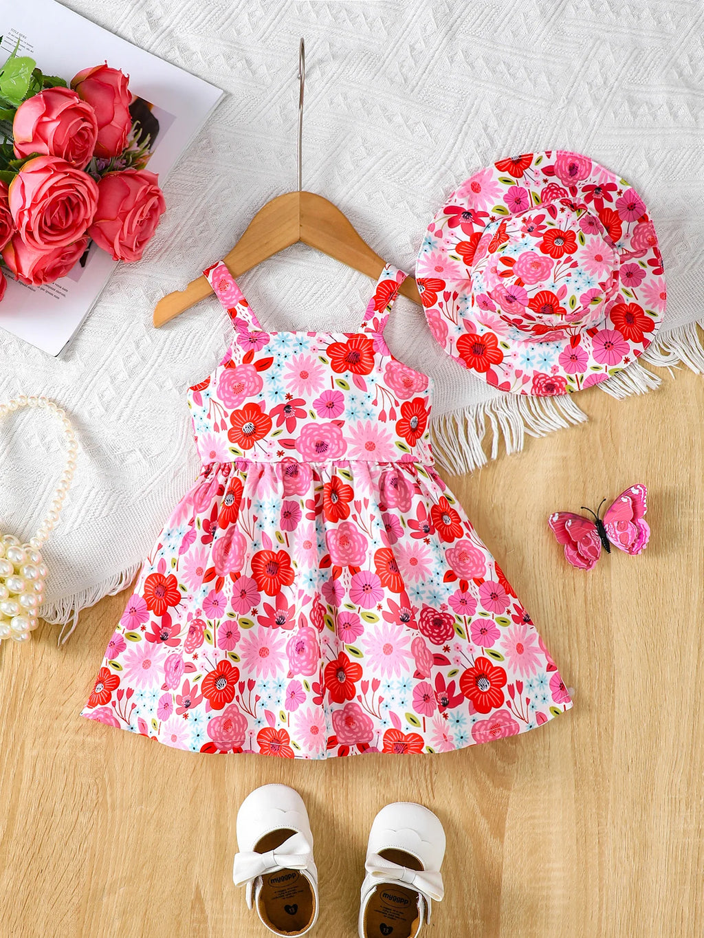 Baby Girl Summer Dress Strap Beautiful Printed Strap Dress+Hat Two Piece Set for 0-3 Year Old Baby Girl Beach Vacation Dress