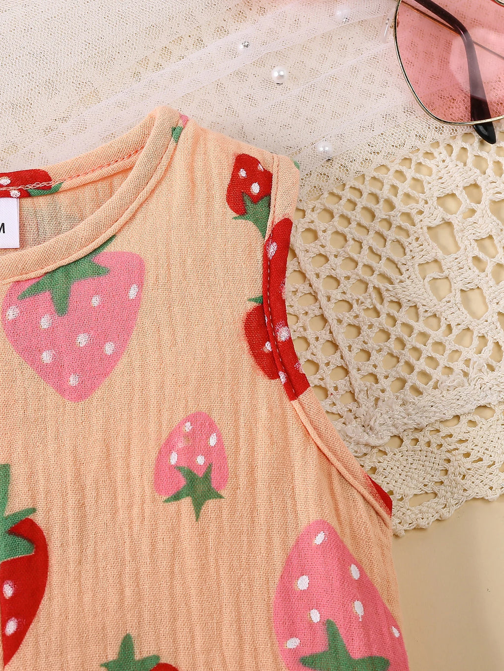 Summer Fashion Baby Girl Striped Triangle Jumpsuit Sleeveless Front Open Chest Full Print Strawberry Pattern Cute Baby Outfit