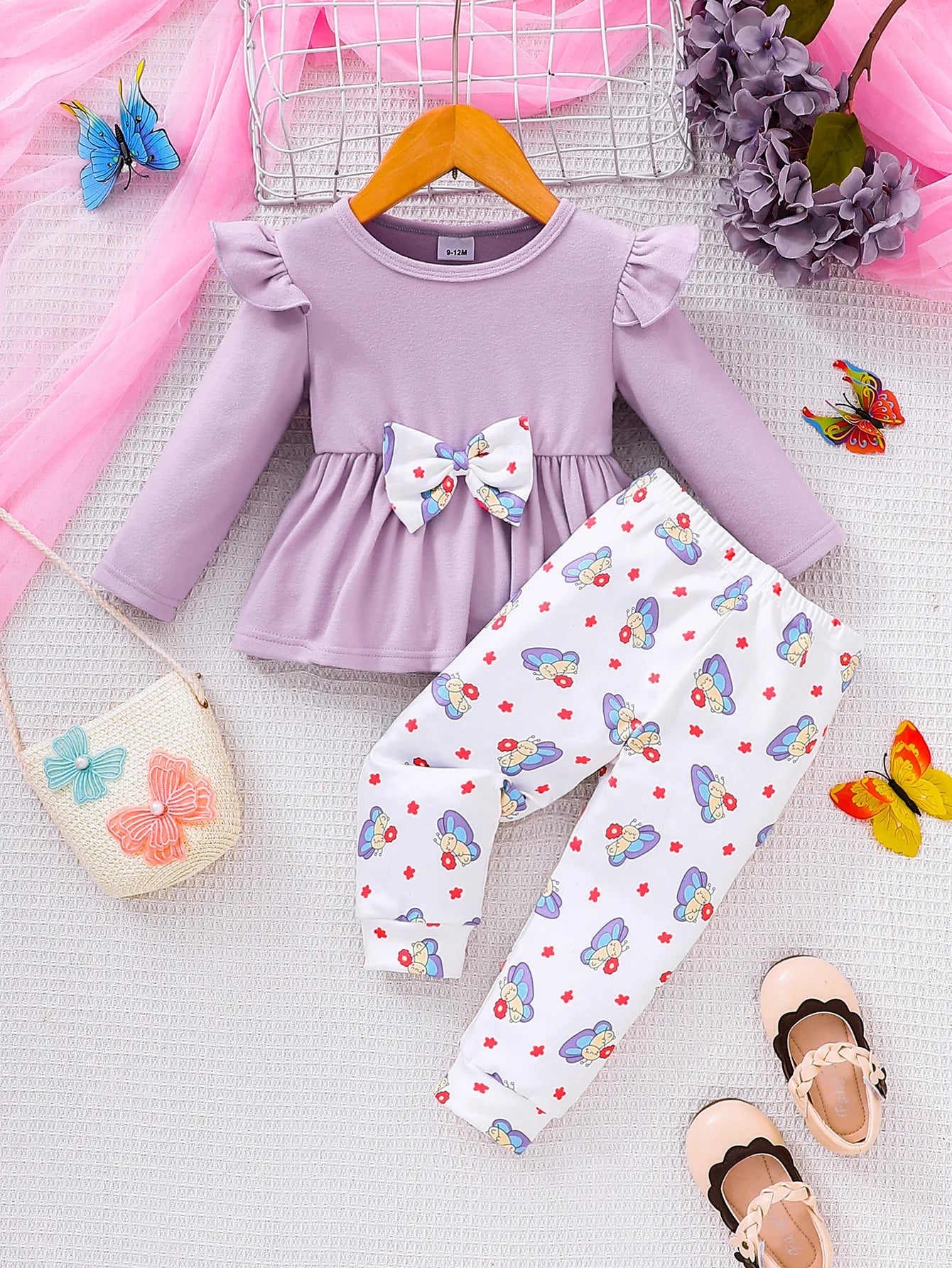 Baby Girl Spring Autumn Casual Butterfly Purple Top Floral Pants Two-Piece Set Infant Clothing Outfit