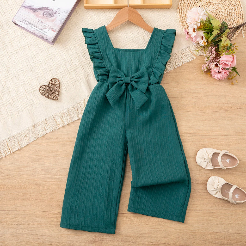 Girls' summer pure-color versatile jumpsuit, ruffle bowknot jumpsuit, princess style jumpsuit, suitable for little girls