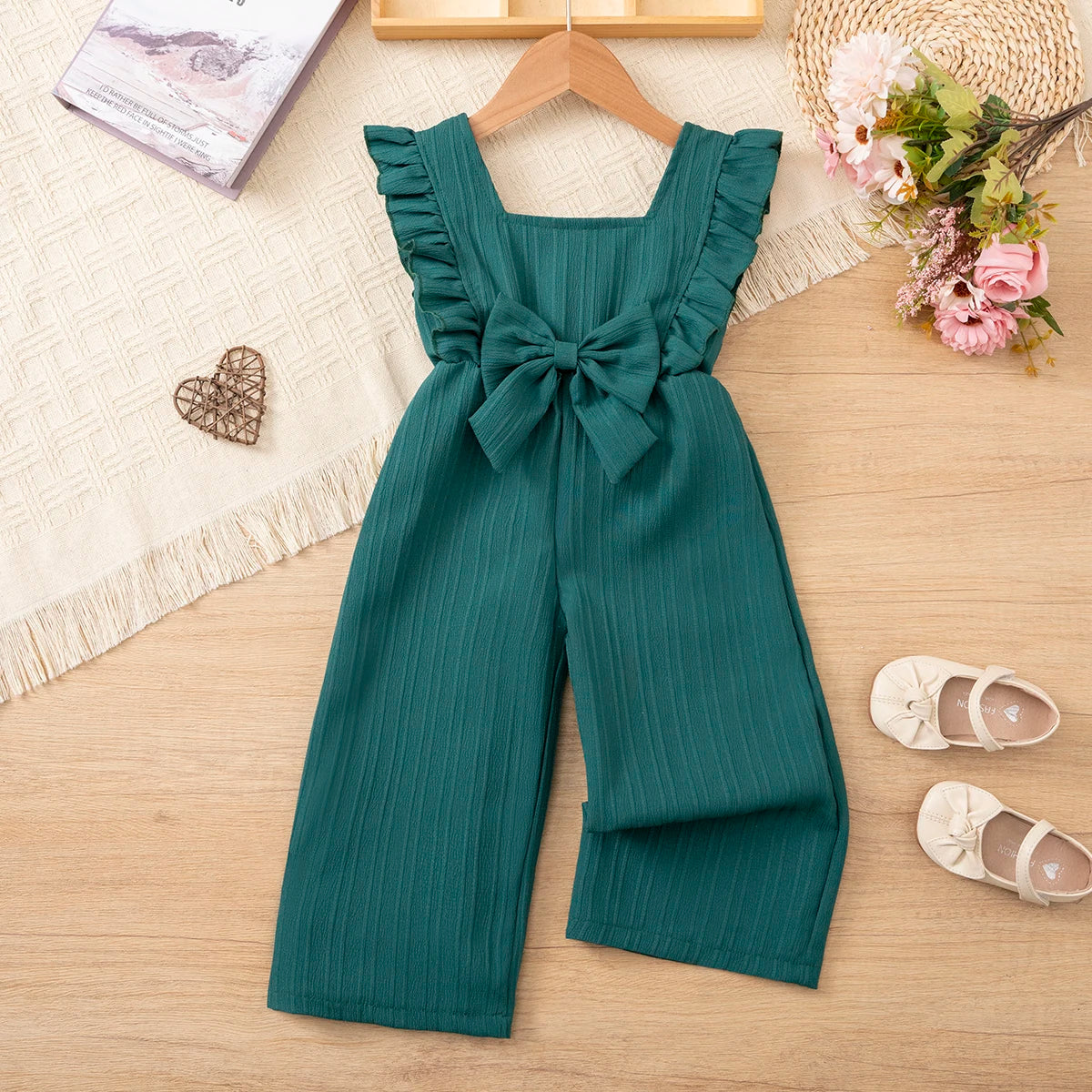 Girls' summer pure-color versatile jumpsuit, ruffle bowknot jumpsuit, princess style jumpsuit, suitable for little girls