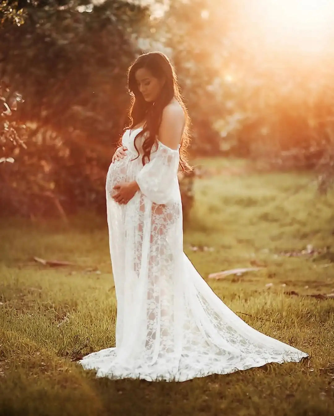 Maternity Dress Soft Stretchy Lace Off Shoulder Doubly Split A line Skirt Pregnancy Maxi Gown for Photoshoot