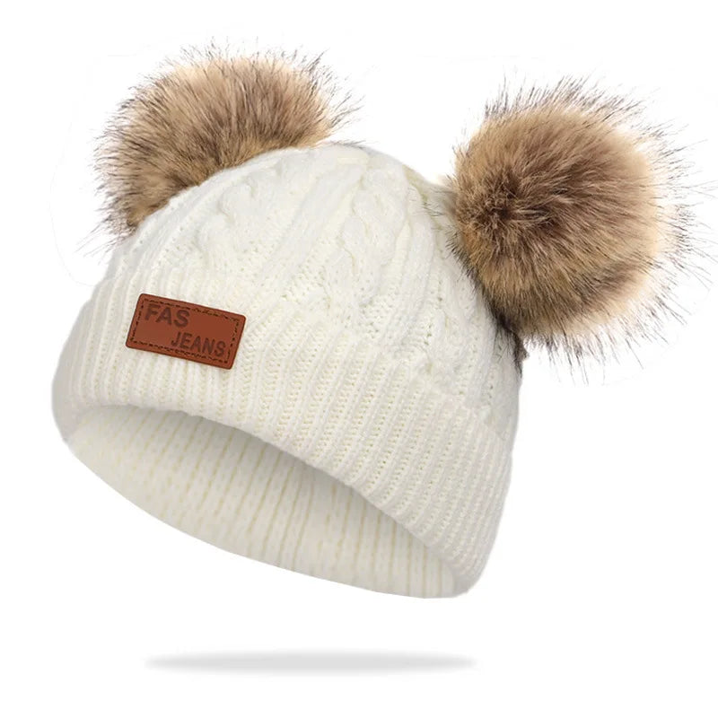 Winter Children Scarf And Hat Three Piece Set With Pom Pom Baby Infant Knitted Hat Warm Wool Thickened