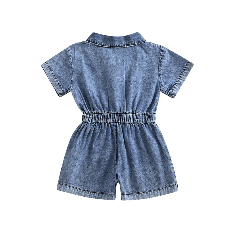 1-5Y Girls Kids Denim Overalls Shorts Short Sleeves Turn Down Collar Button Down Elastic Waist Jean Romper Jumpsuits Clothes
