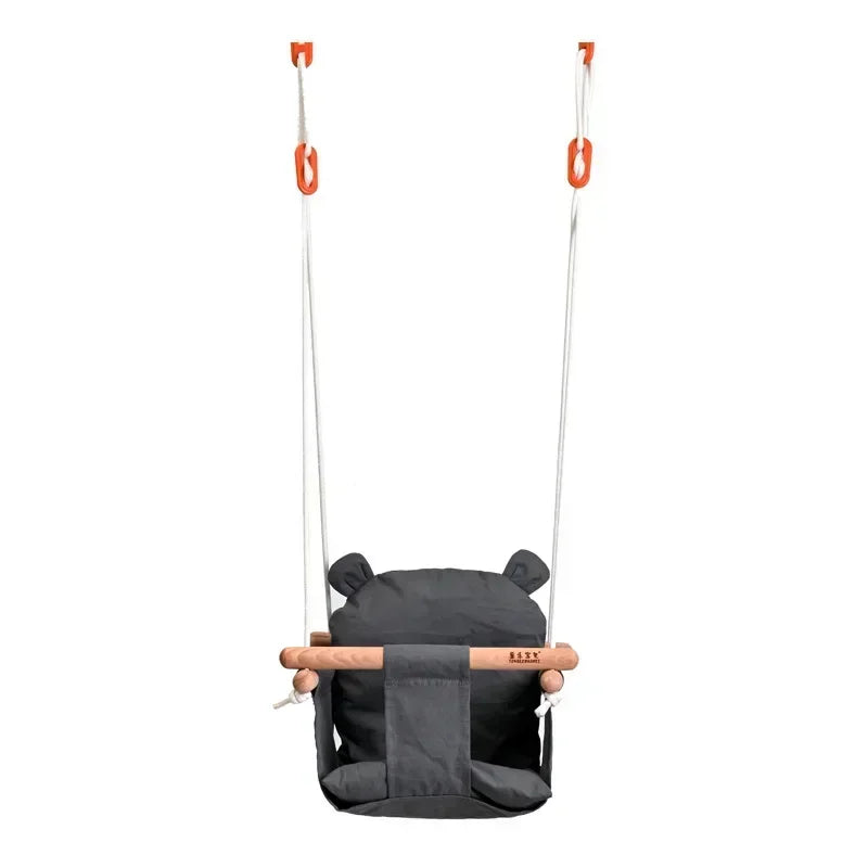 Beige Canvas and Wood Baby Swing Chair - Indoor Outdoor Hanging Toy