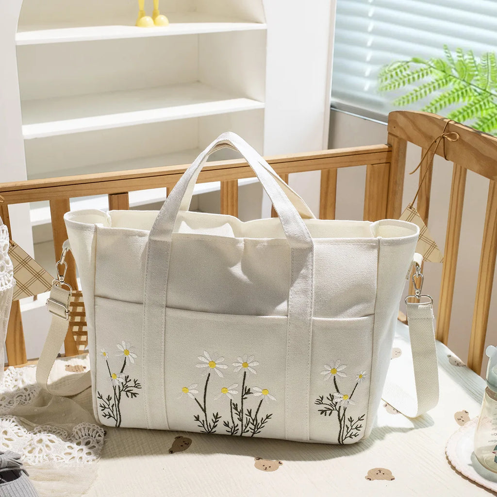 Flowers Embroidery Mommy Bag Multi-pocket Canvas Diaper Bag for Mom Large Capacity Nappy Organizer Baby Items Women Tote Bag