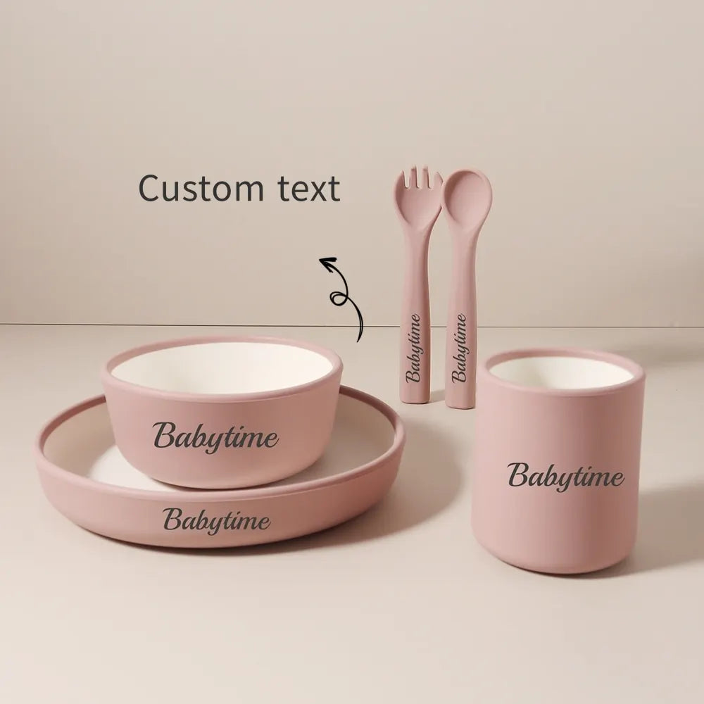Minimalist Silicone Baby Feeding Set, 5-Piece No Suction Cup Plate Bowl Cup Fork Spoon Set, 1st Birthday Gift