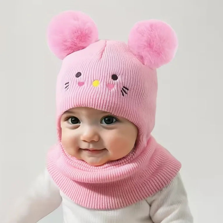 0-3Y Kids Balaclava Toddler Beanie Double Balls Baby Cat Stretchy New Born Girls Boys Beanies Winter Hats for Cold Weather Gear