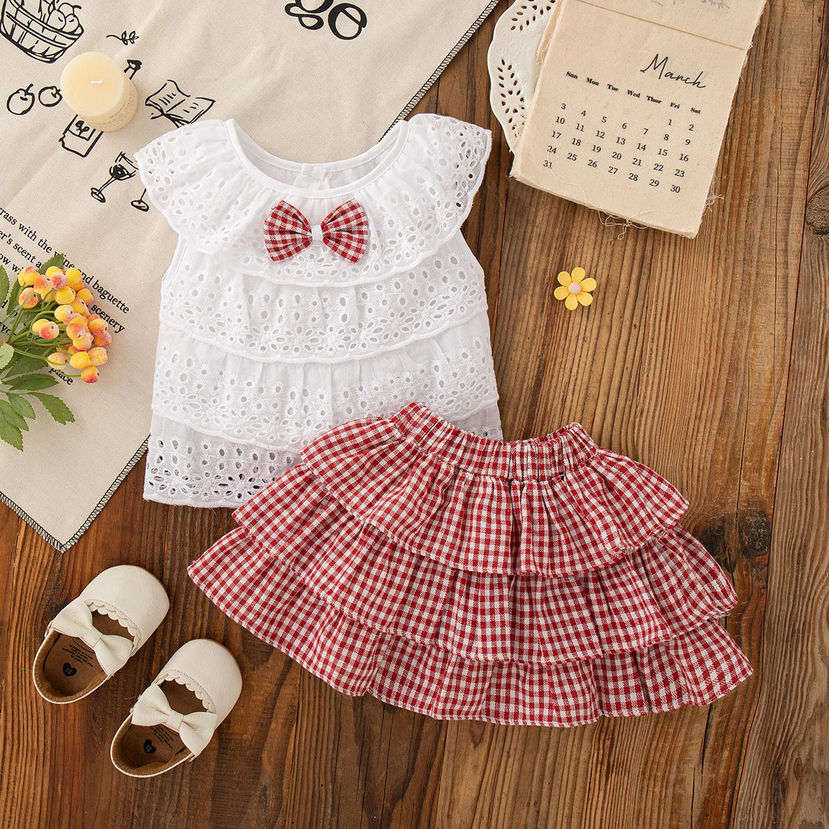 2pc/Set Girls' Suit Summer Bow And Plaid Lace Trim Short Sleeve Casual Toddler Girl Clothes Cute Simple Children Clothes