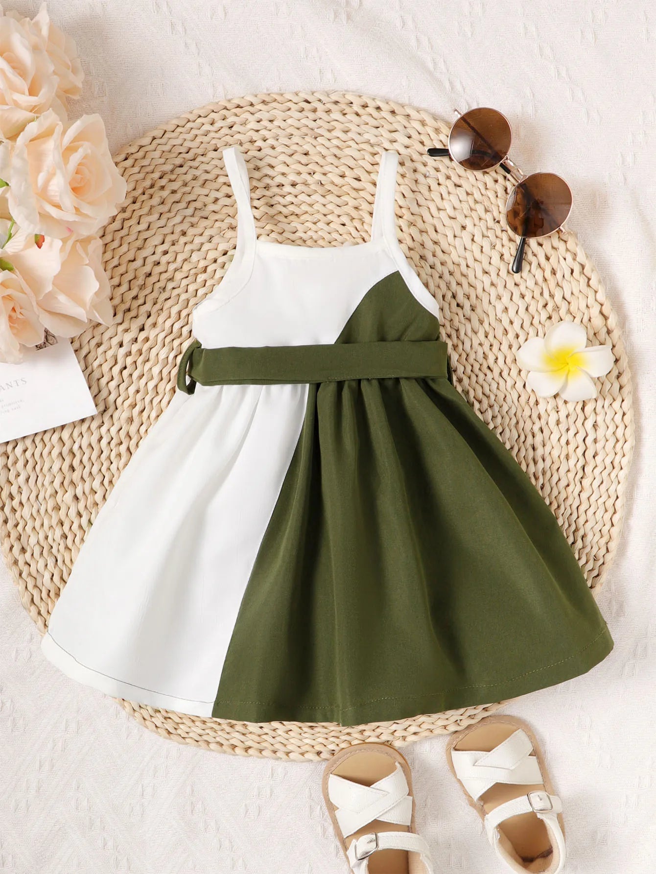 0-3 Year old Cute Baby Girl Suspender Color Blocked Lace up Dress, Toddler Baby girl Summer Casual Dress