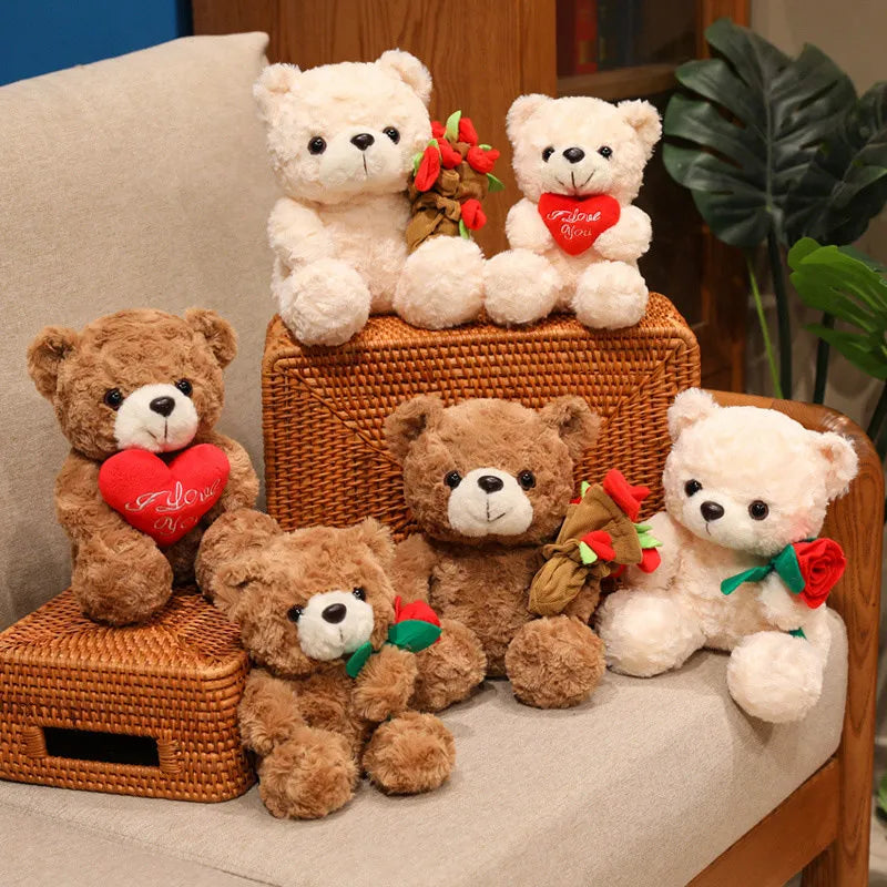 Wholesale Creative 16/25CM Bear Plush Toy Red Heart Romantic Rose Doll Soft Handmade Holding Flowers Bear Doll Home Decoration