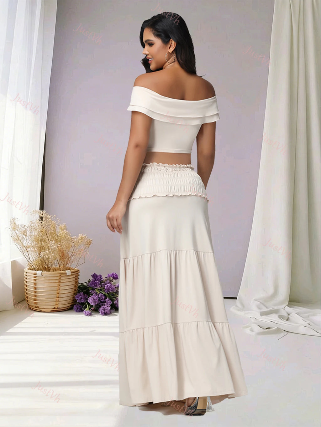 2 Piece Set Maternity Off Shoulder Twist Crop Top Ruffle Maxi Skirt Stretchy for Baby Shower Photoshoot Summer Beach Vacation