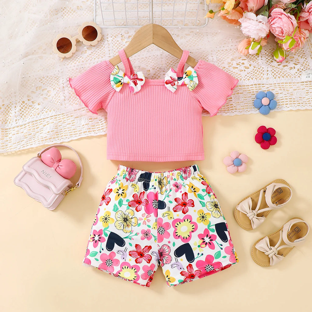 2pcs Baby girl Off Shoulder Bow Top+Colorful Printed Shorts Summer Fashion Sets 0-3 Year Baby Gir Beach vacation Casual Clothing