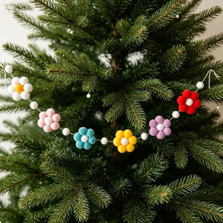 Nordic Style Handmade Pom-Pom Colorful Daisy Flower Garland for Decoration, Shelf Decoration, Wall Hanging Pom-Pom Pink Daisy Wreath, Holiday, Christmas, Wedding, Thanksgiving, Wall Decoration Garland, Tent Curtain Dec - Baby World SA