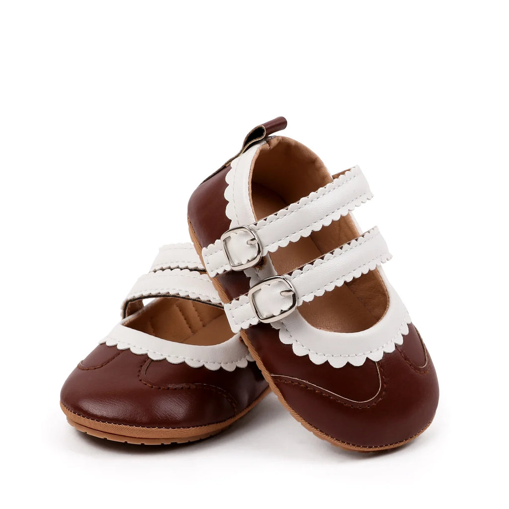 0-18 Months Infant Pre-walker Shoes, Scalloped Lace Trim Dual Buckle Strap Soft Non-slip Rubber Sole Indoor Baby Mary Jane Shoes