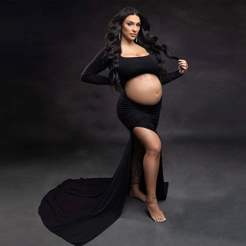 Maternity Dress Cut Out Backless Side Split Slim Long Sleeved Maxi Sexy Dress Gown For Baby Shower Photoshoot
