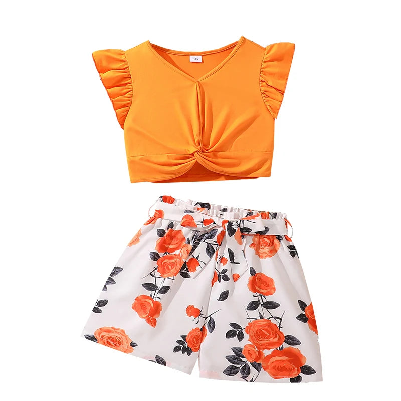 Kids Clothing Sets Tween Girls Outfit Orange Knot-Hem Crop-Top & Flowers Parinted Shorts 2PCS Summer Vacation Sets