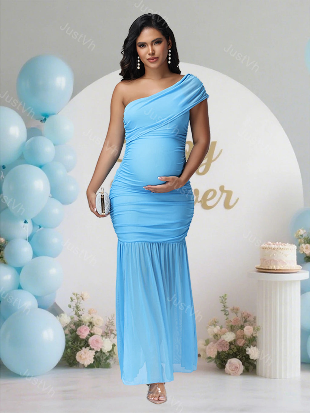 Maternity One Shoulder Sleeveless Dress Rouched Bodycon Side Split Party Evening Gown for Photoshoot Baby Shower