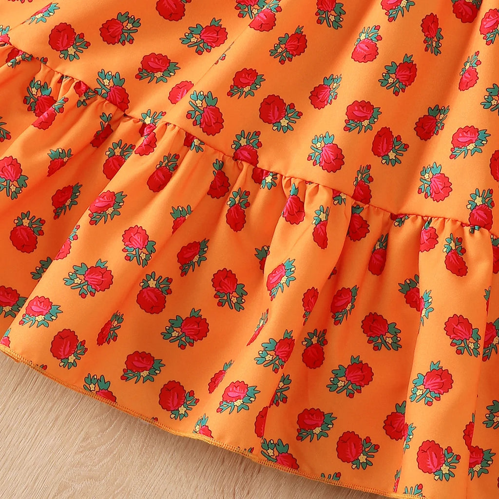 2Pcs Girls' Ramadan Dress with Ruffled Sudan rose Print Bubble sleeve Dress and Small bag Set  for 4-7 Year girls' Summer dress