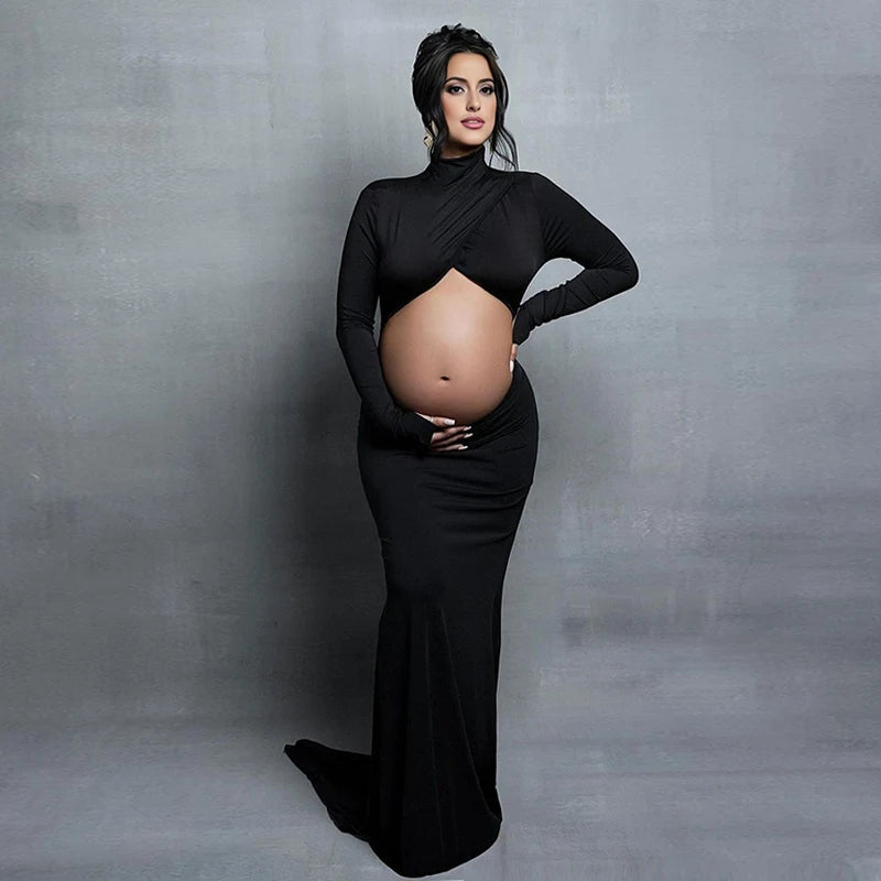 Pregnancy Dress Photography Props Maxi Gown Turtleneck Full Sleeve Cut Out Belly Bodycon Maternity PhotoShoot For Baby Shower