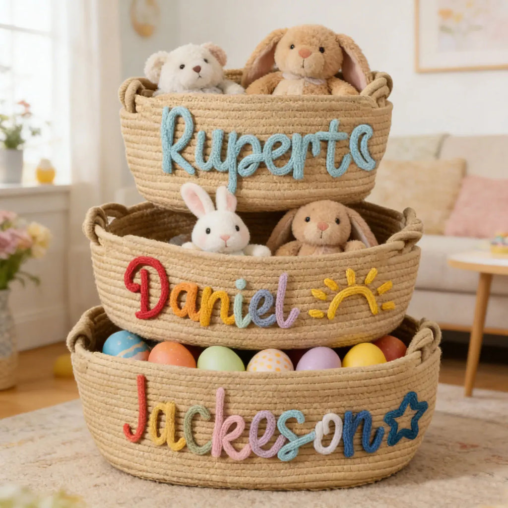 Personalized Woven Storage Basket with Letter – Custom Star Sun Moon Gift Basket