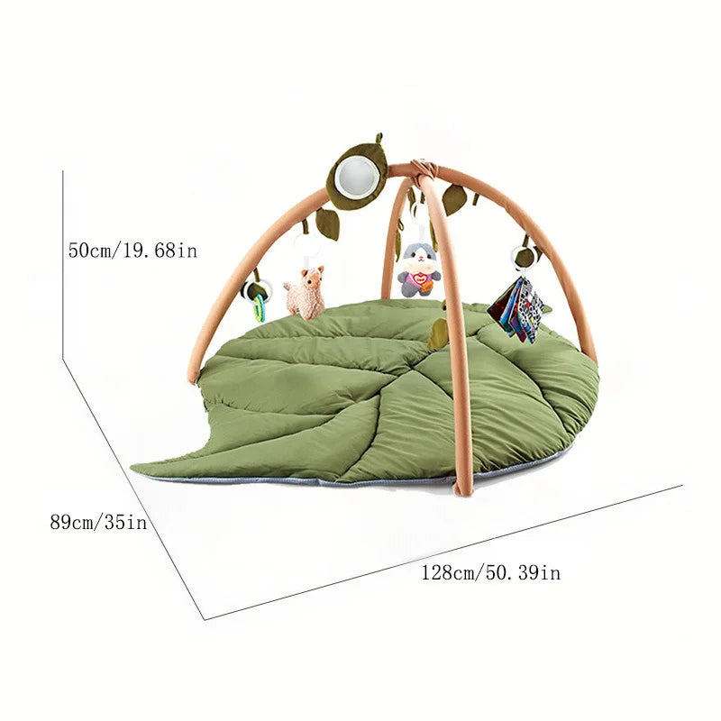 Baby Activity Gym Play Mat Leaf Shaped Crawling Rug with Mirror Sensory Hanging Toys Cloth Book Tummy Time Pillow 0-18M