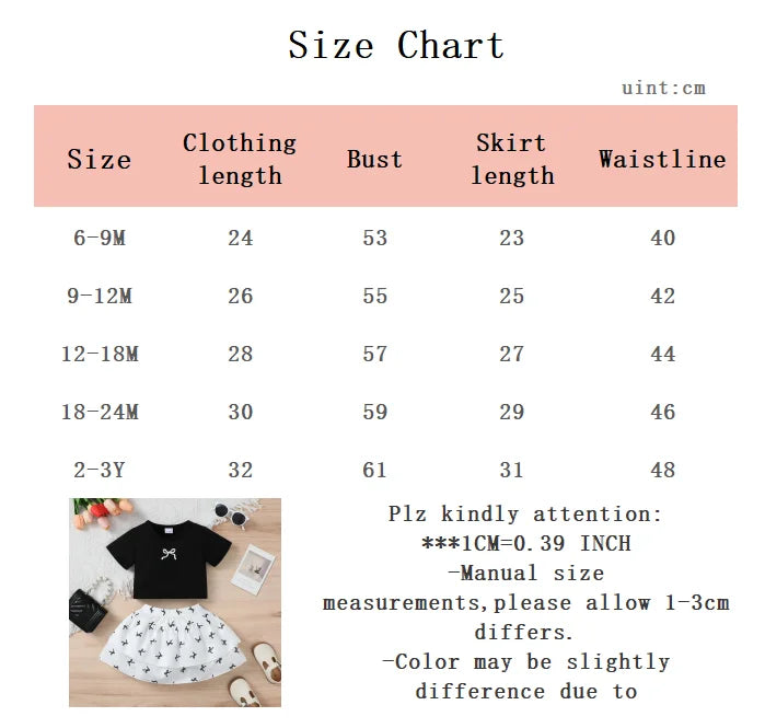 0-3 Year Baby girl Set Round Neck Bow print Short sleeved Shirt+Bouble-layer skirt set, toddler summer fashion set Baby Clothing