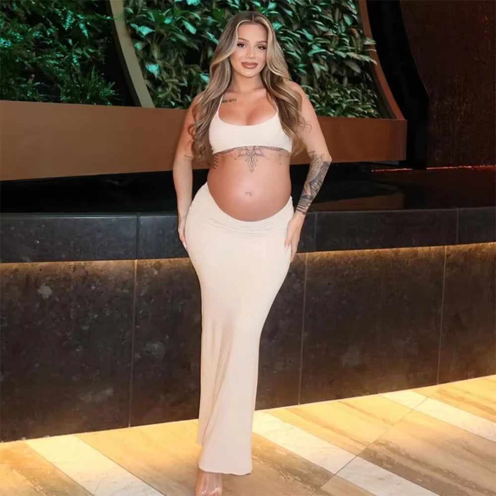 Maternity Summer Photography Dresses Solid Cut Out Waist Open Back Halter Bodycon Long Pregnant Dress For Photoshoot Baby Shower