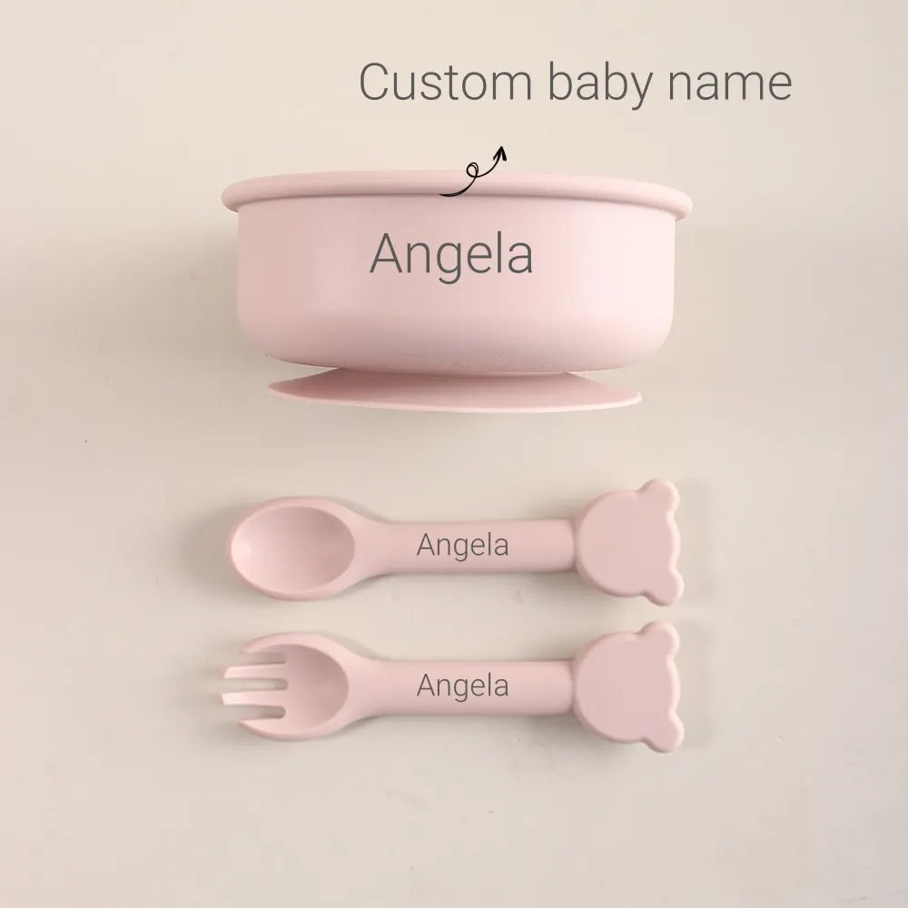 Personalized Baby Silicone Bowl with Name – 300ml Bear Suction Bowl with Spoon & Fork