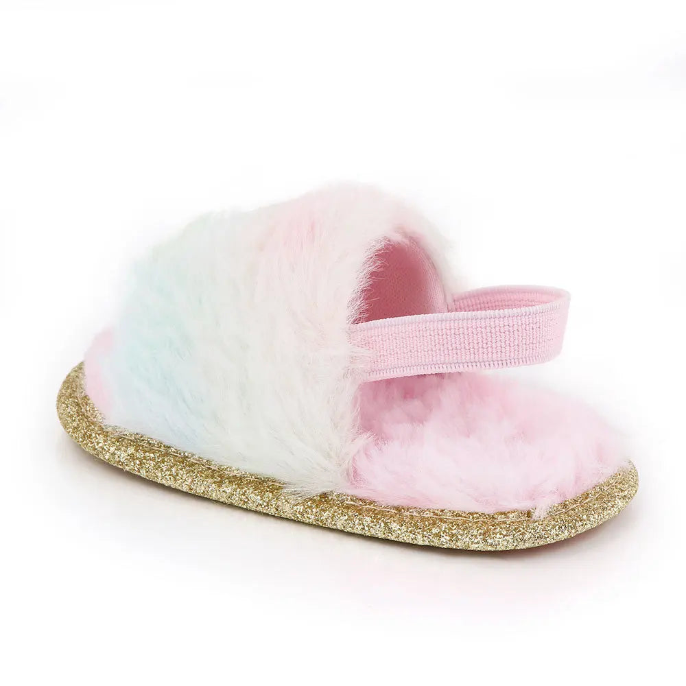 Spring Winter Fashion Multicolor Faux Fur Baby Girl Slipper Non-slip Newborn Cute Infant Toddler Crib Dress Shoes First Walkers