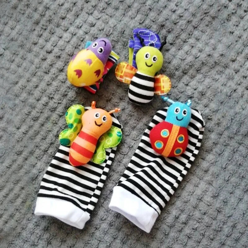 4Pcs Baby Toy 0-12 Months Baby Rattles Toys Animal Socks Wrist Strap +Rattle Baby Foot Socks Bug Wrist Strap Toddler Socks