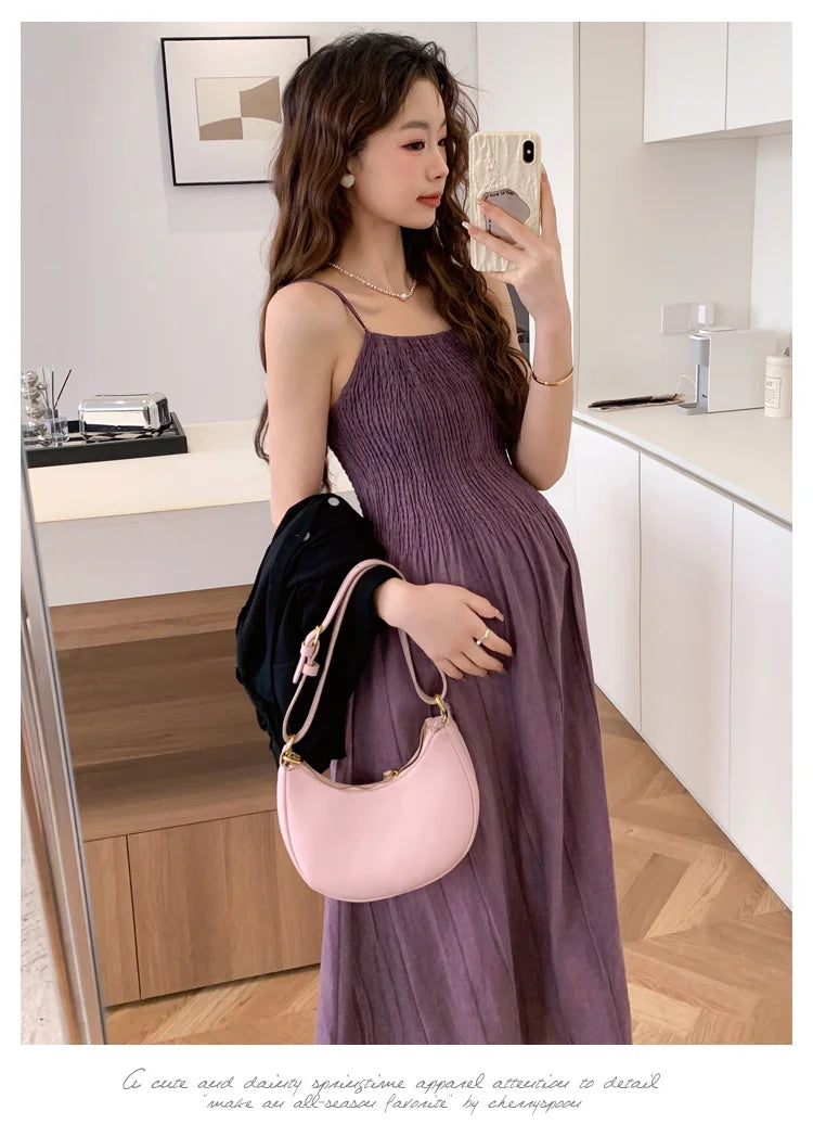 2026 Spring Maternity Dress Suits Long Sleeve Cardigans Strap Dress Twinset Pregnant Woman Clothing Set