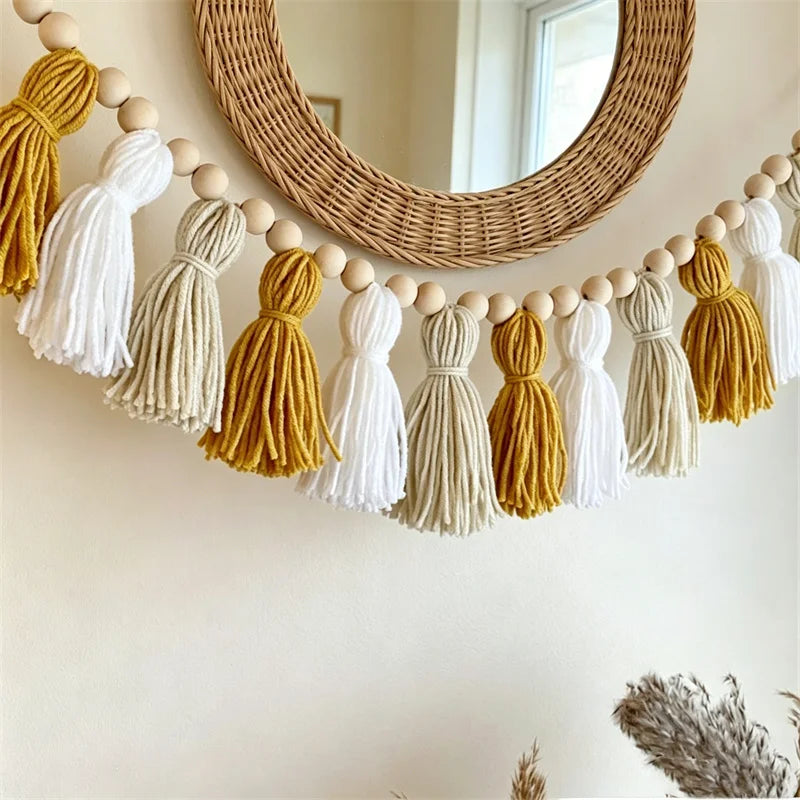 Bohemian Yellow Wooden Bead Tassel Garland Banner
