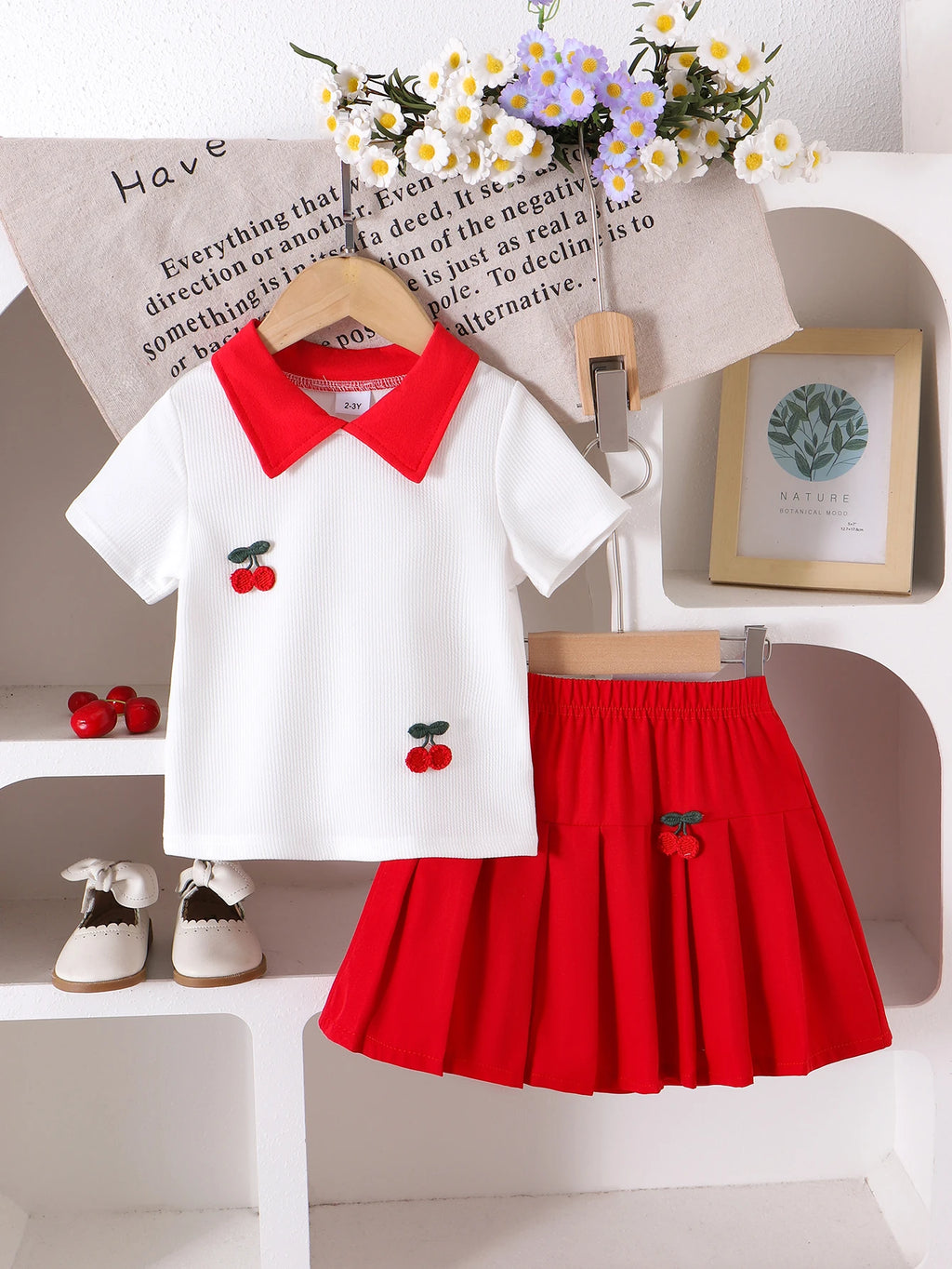 2pc Summer Cross-Border New Style Girls Are Comfortable and Cute 2-7 Years Old Red Collar White Short-Sleeved T-Shirt + Red Skir