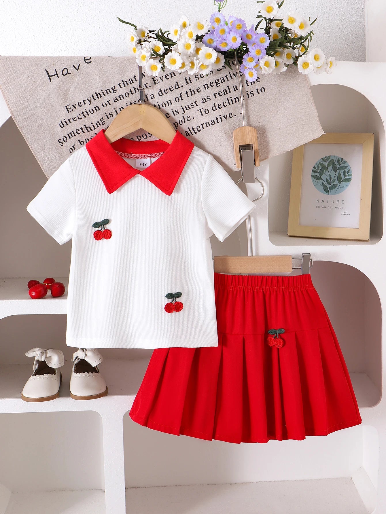 2pc Summer Cross-Border New Style Girls Are Comfortable and Cute 2-7 Years Old Red Collar White Short-Sleeved T-Shirt + Red Skir