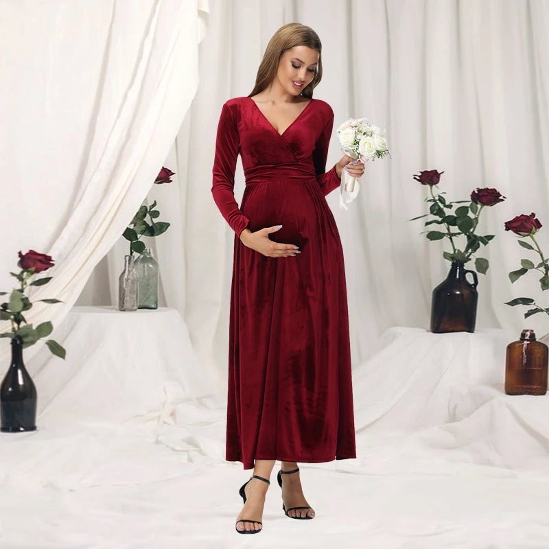 Maternity Photography Dress Velvet Long Sleeves V-Neck High Waist Gown For Wedding  Baby Shower Photo Shoot