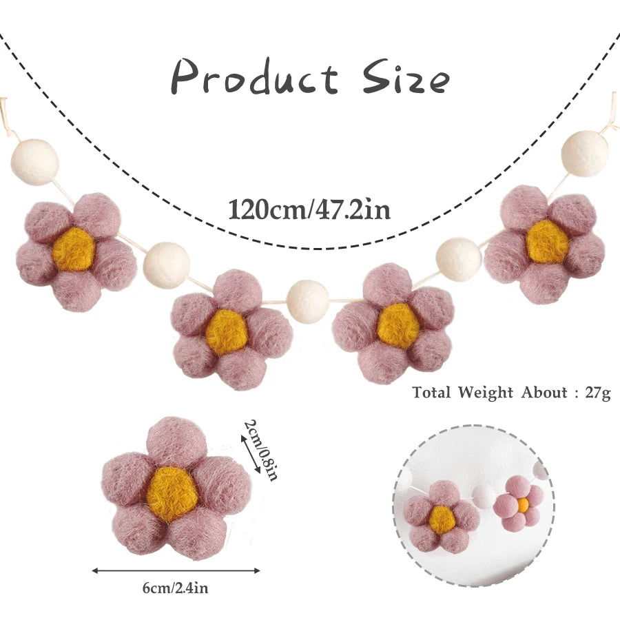 Handmade Felt Daisy Garland Bohemian Baby Room Nursery Decoration Girl Daisy Flower Decoration