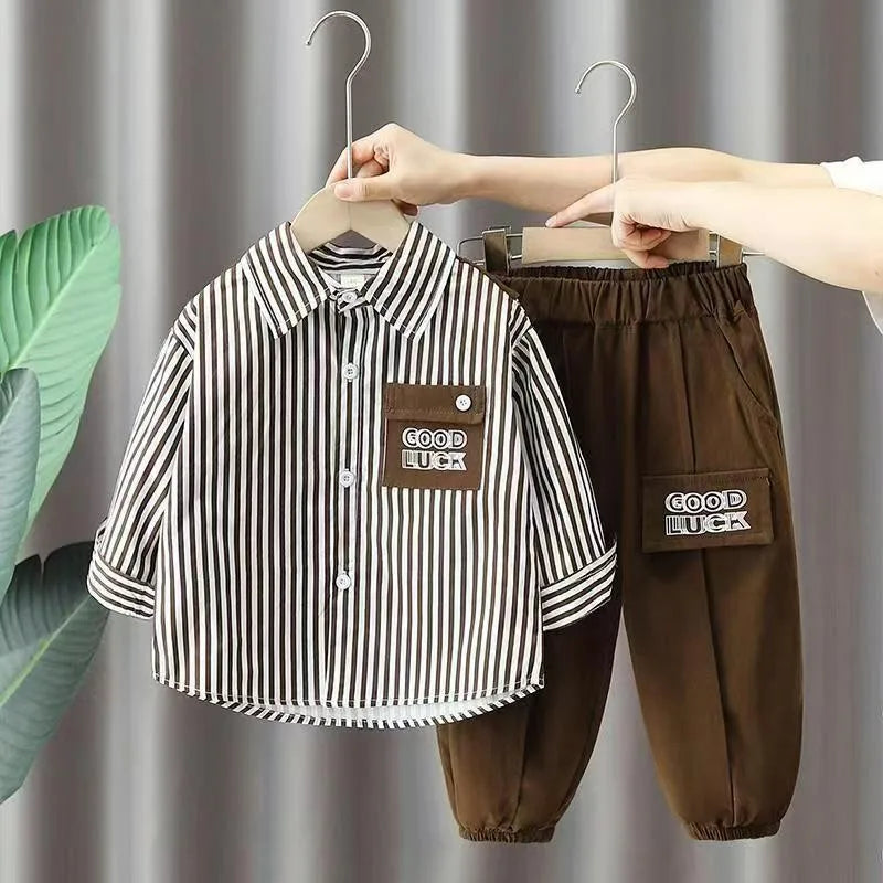 New Spring Autumn Boys Clothing Sets Long Sleeve Striped Letter Label Shirt + Pants 2Pcs Suit For 2-8 Years Kids Casual Outfits