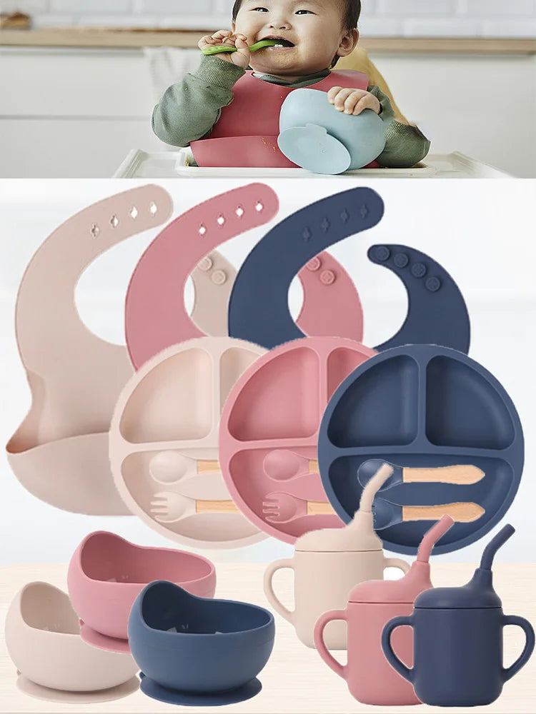 1/5Pc BPA Free Silicone Baby Feeding Set Sucker Bowl Dinning Plate Straw Cup Spoon Forks for Kids Baby Tableware Children Dishes