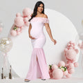 Maternity Floral off Shoulder Long Dress Chiffon Split Hem Photography Props Gown for Baby Shower