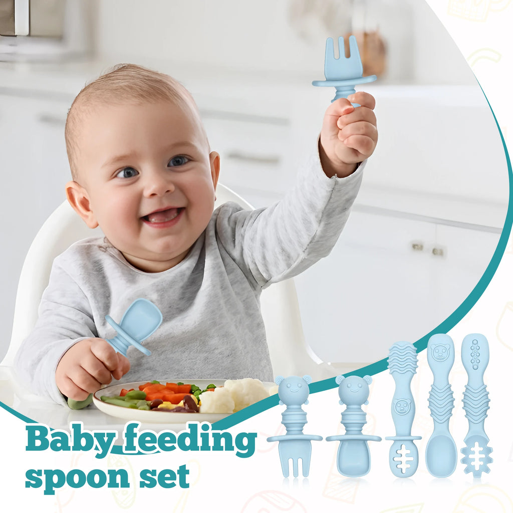 5-piece self-feeding silicone spoon with choking barrier - Baby spoon feeding set, suitable for home and travel, baby weaning