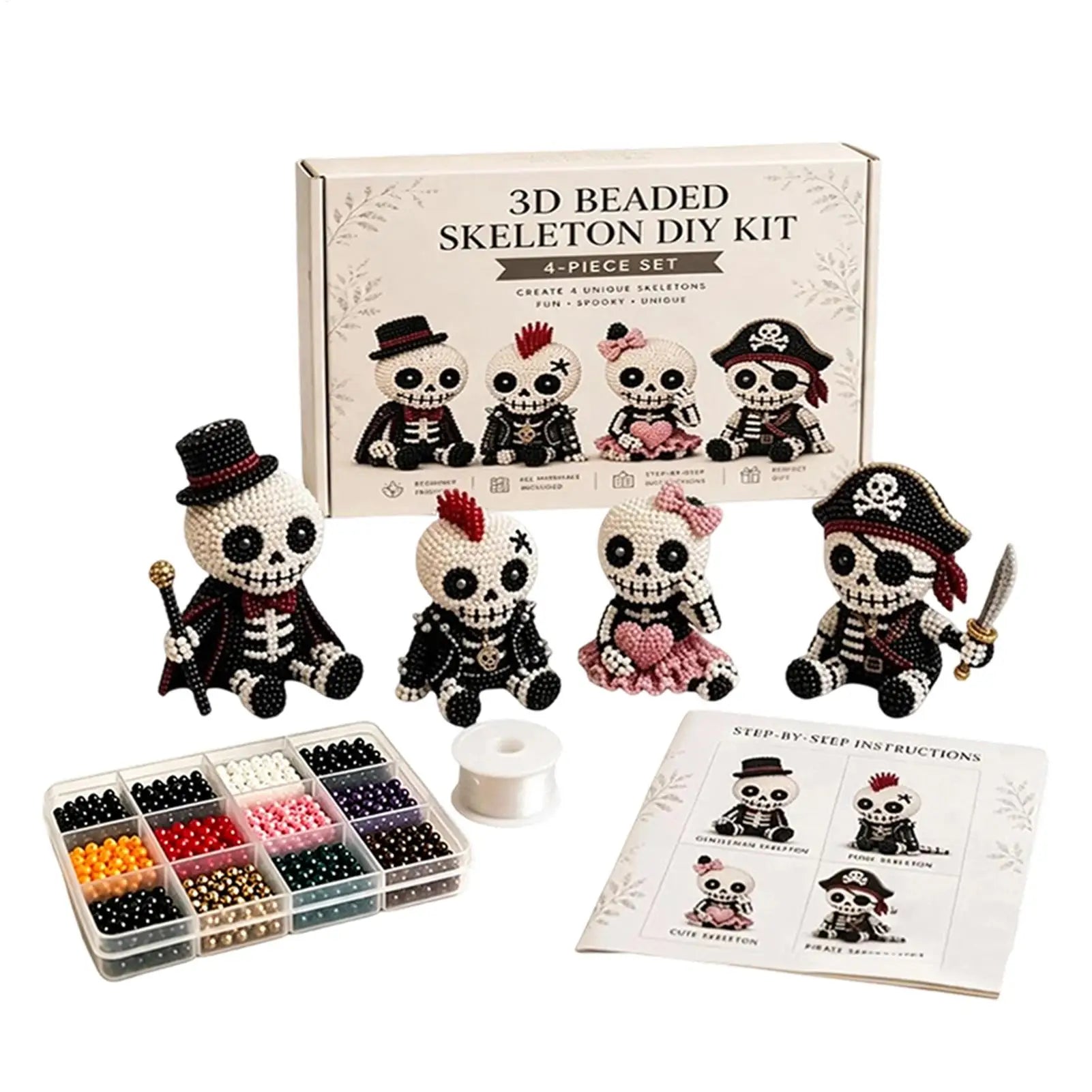 Beaded Skeleton Craft Kit Halloween Toy with Instruction Mini 3D Beaded Skeleton Crafting Set for Home Party Classroom School