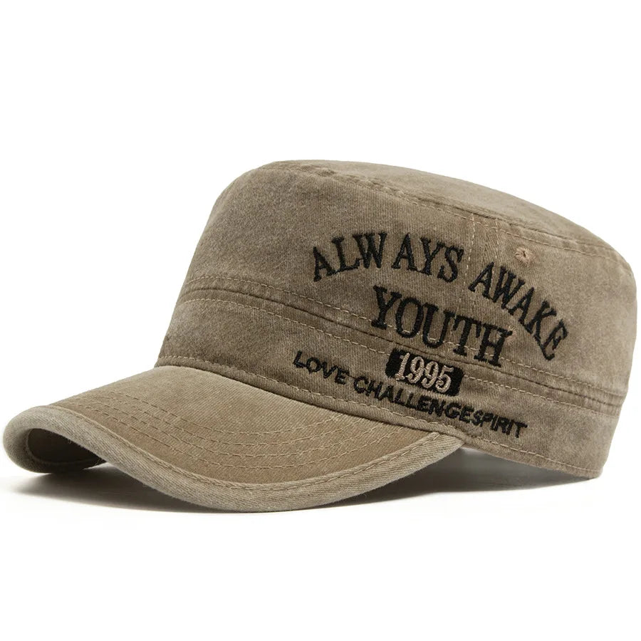 Washed Embroidered Letter Military Cap Flat Top Vintage American Style Sunshade Hat