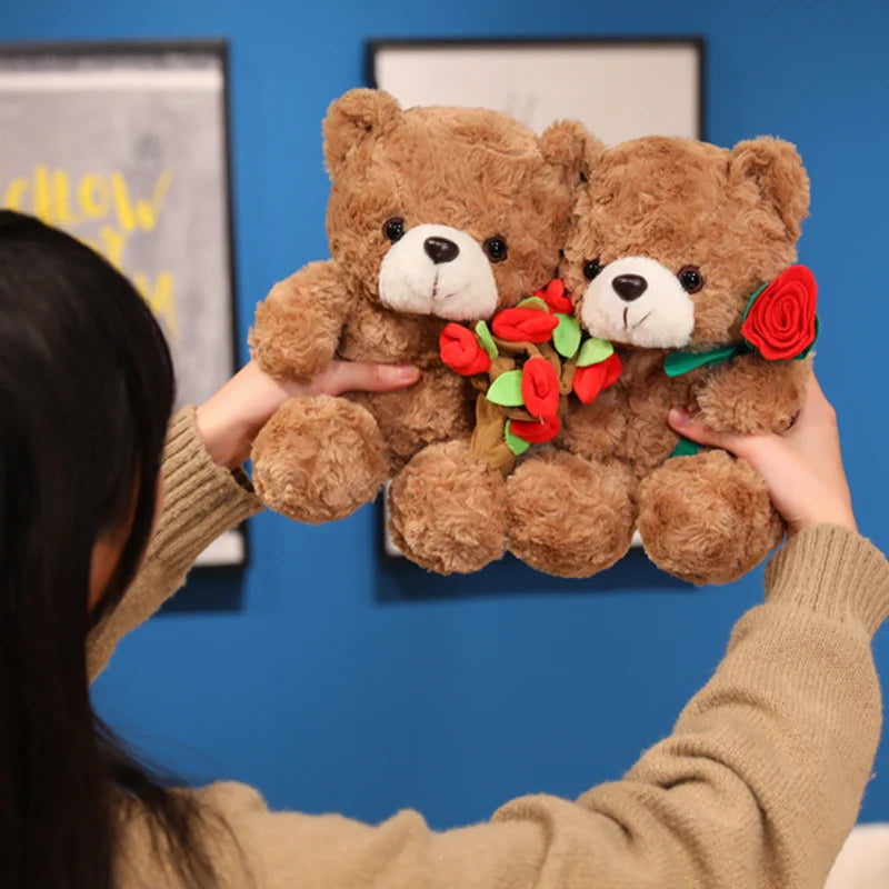 Wholesale Creative 16/25CM Bear Plush Toy Red Heart Romantic Rose Doll Soft Handmade Holding Flowers Bear Doll Home Decoration