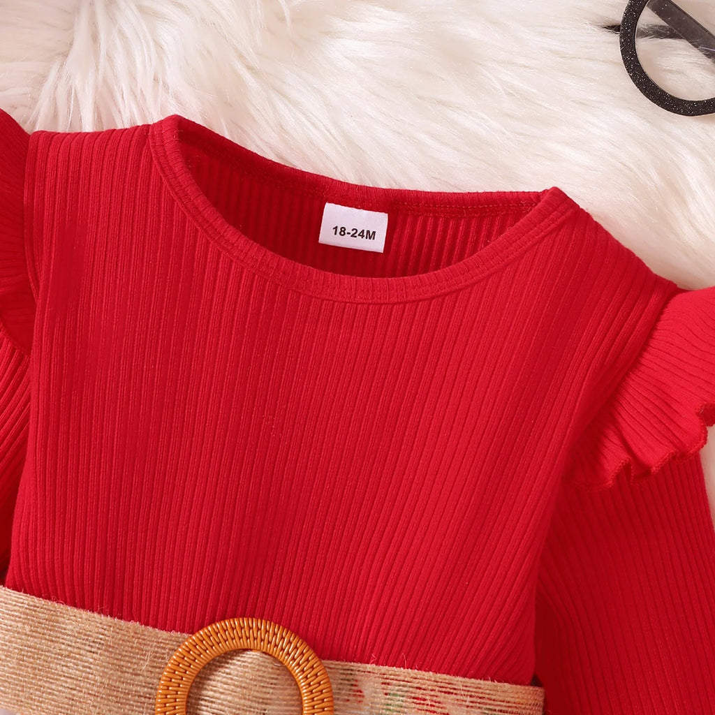 Girls' Christmas Dress Round Neck Santa Claus Printed Long Sleeve Dress+Belt 2Pcs/Set New Year's Clothing for Girls 1-7 Years
